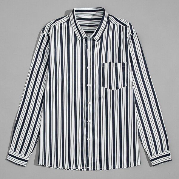 

Men Vertical Striped Pocket Front Shirt, Black and white