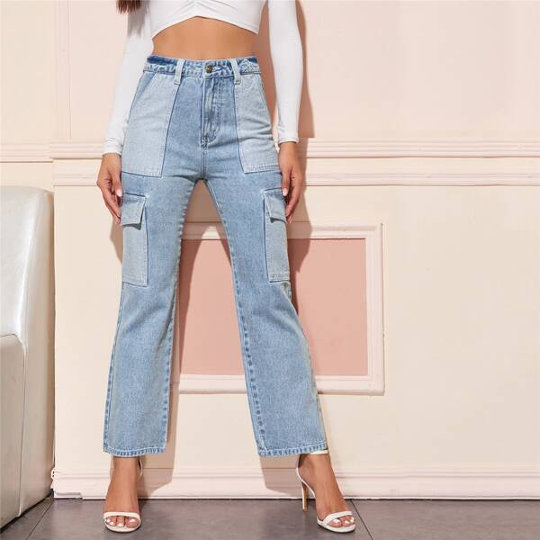 

High Waist Pocket Patched Jeans, Light wash