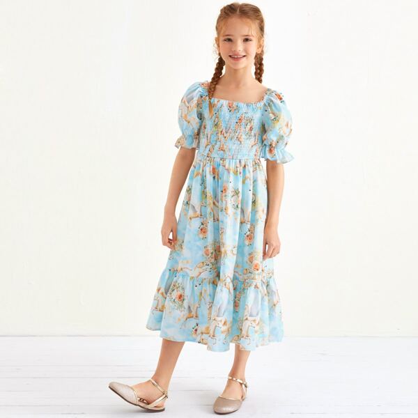

Girls Shirred Bodice Ruffle Hem Floral Print Dress, Multicolor
