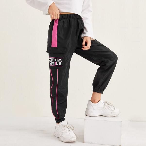 

Girls Slogan Graphic Flap Pocket Wind Pants, Black