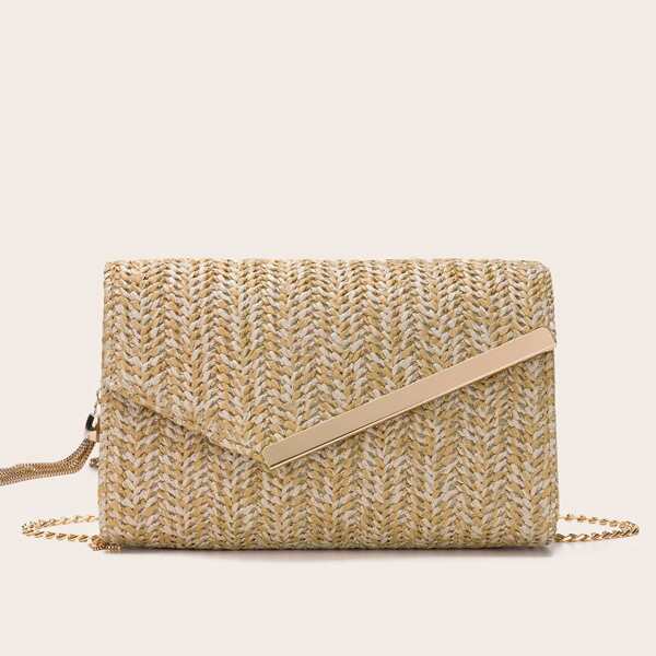 

Tassel Charm Metal Edge Woven Crossbody Bag, Apricot