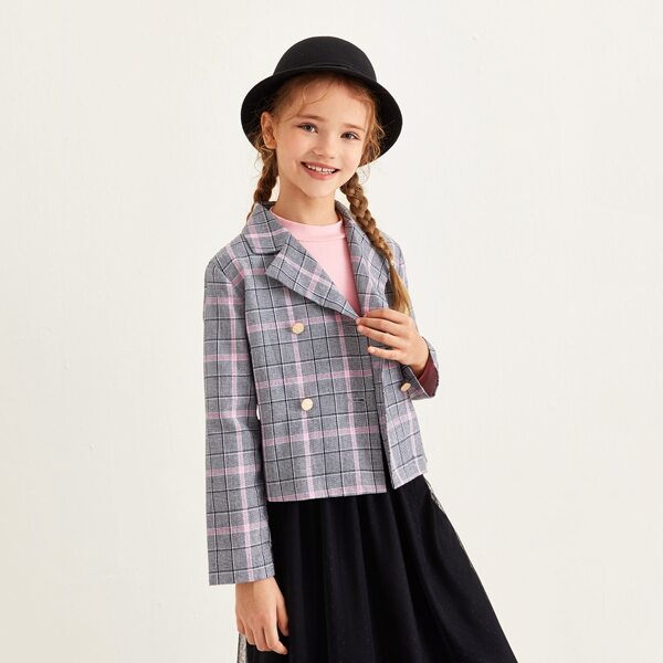 

Girls Notched Collar Double Breasted Plaid Blazer, Multicolor