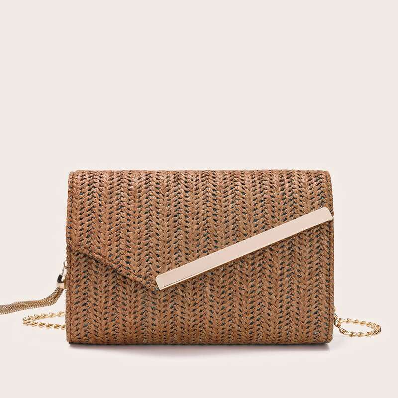 

Tassel Charm Metal Edge Woven Crossbody Bag, Brown