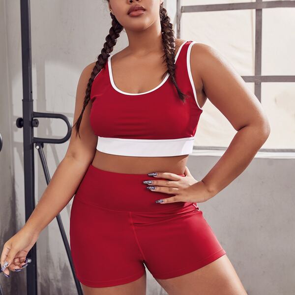 

Plus Colorblock Bra & Biker Shorts Sports Set, Red