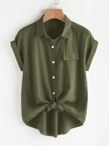 SHEIN LUNE 大碼素色紐扣門襟襯衫 - 軍綠色 - 查看 1