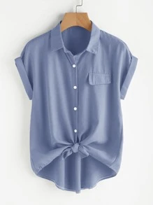 SHEIN LUNE Hơn Áo sơ mi Chất rắn Nút Thông qua - Màu xanh bụi bặm - Xem 1