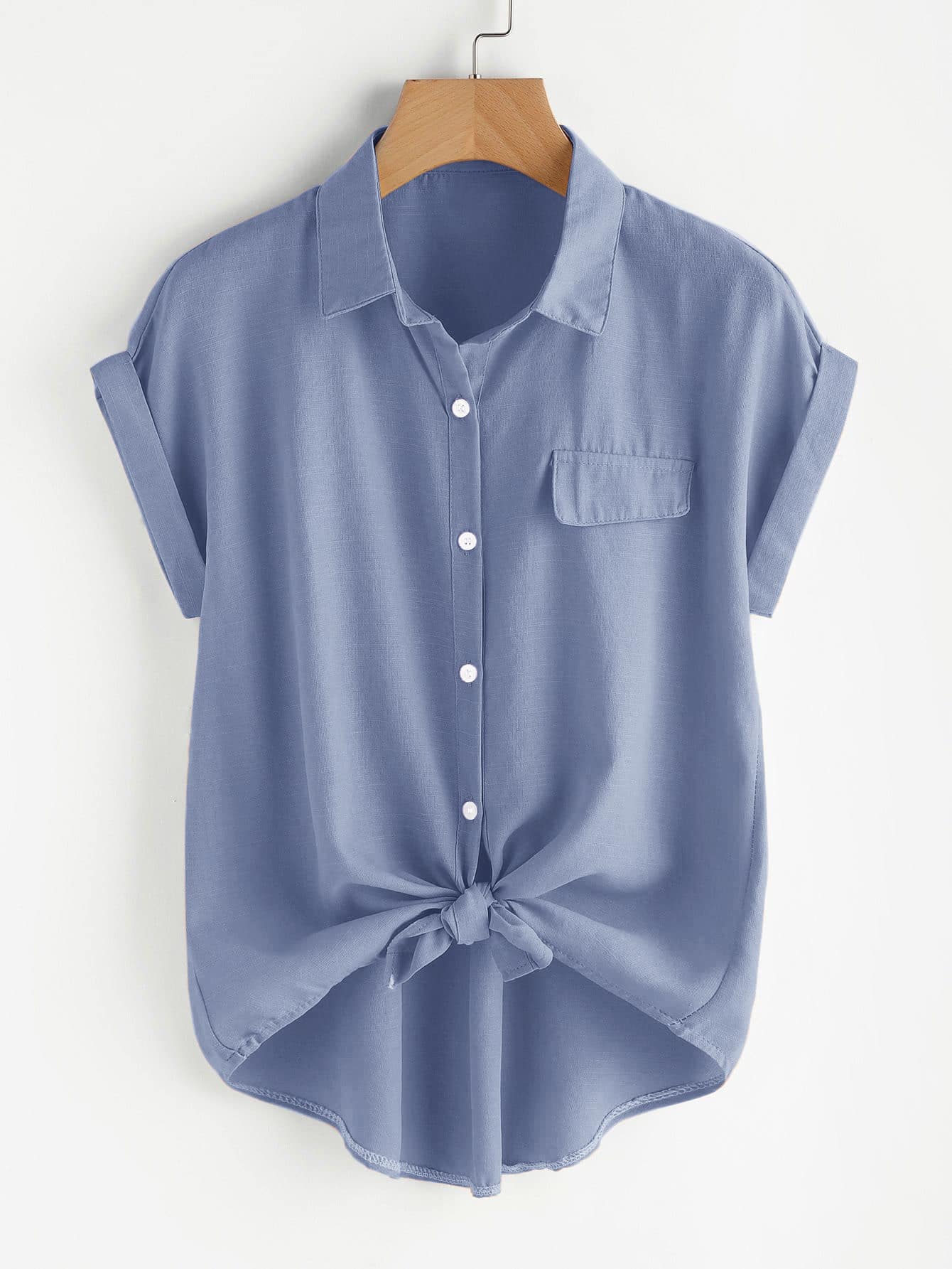 SHEIN LUNE Hơn Áo sơ mi Chất rắn Nút Thông qua - Màu xanh bụi bặm - Xem 1