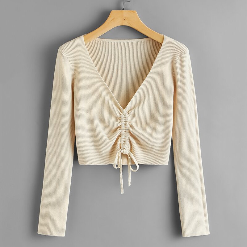 

Drawstring Front Ribbed Knit Sweater, Apricot