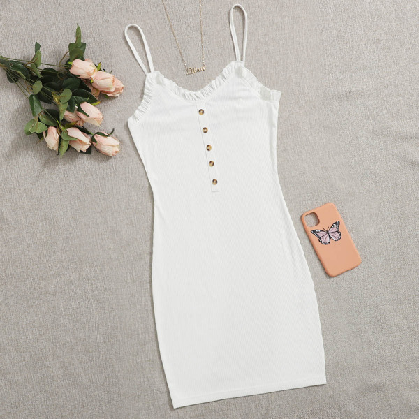 

Plus Frill Trim Button Front Rib-knit Bodycon Dress, White
