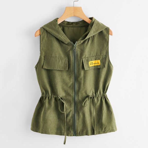 

Plus Letter Patched Drawstring Hooded Vest, Army green