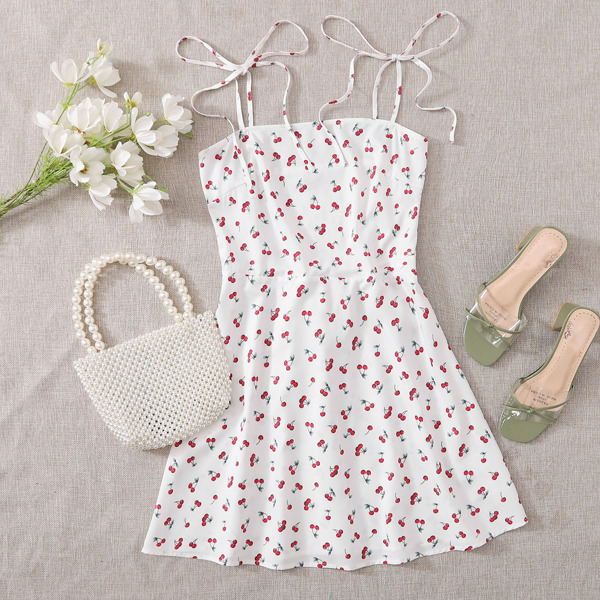 

Plus Tie Shoulder Shirred Back Cherry Print Cami Dress, White