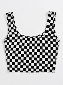 SHEIN EZwear Plus Checked Print Tank Top, Summer - Black and White - View 2