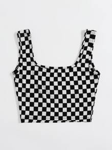 SHEIN EZwear Plus Checked Print Tank Top, Summer - Black and White - View 3