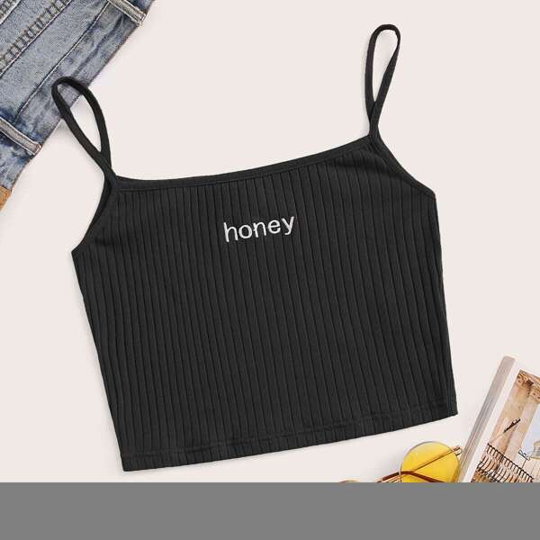 

Plus Letter Embroidery Rib-knit Cami Top, Black