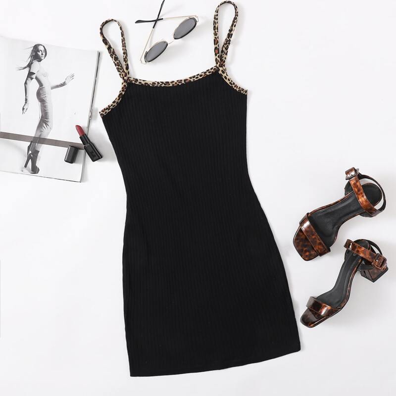 

Contrast Leopard Trim Rib-knit Bodycon Dress, Black