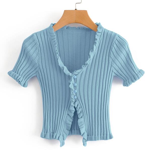 

Plus Frill Trim Beaded Button Cardigan, Baby blue