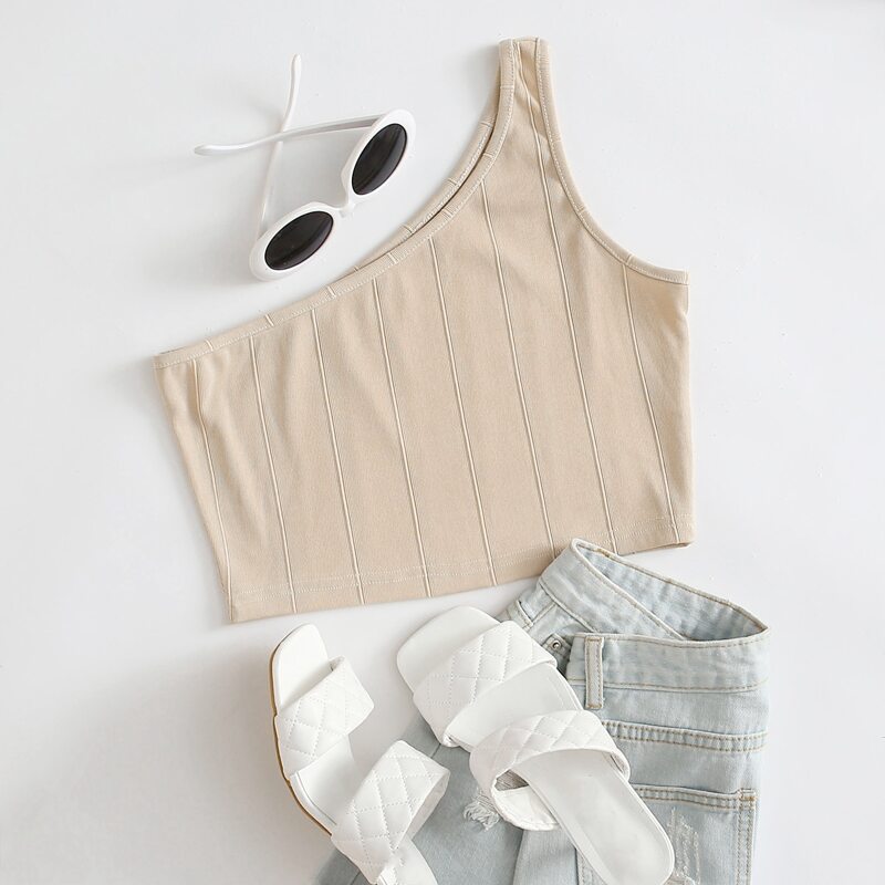 Asymmetrical Neck Crop Top, Beige