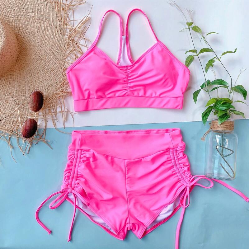 

Ruched Drawstring Shorts Bikini Swimsuit, Hot pink bright