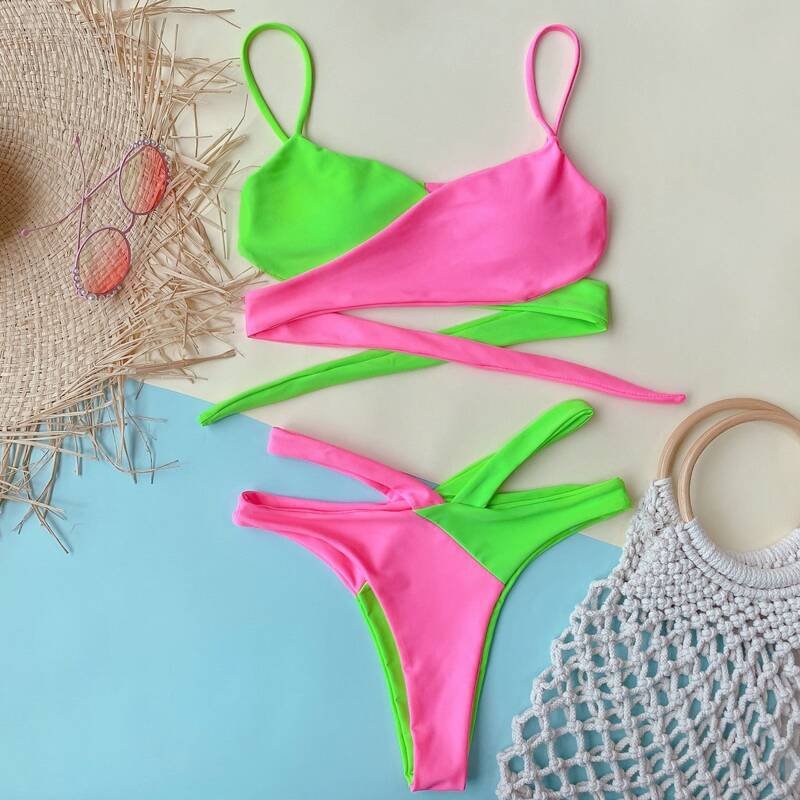 

Two Tone Wrap High Cut Bikini Swimsuit, Multicolor neon