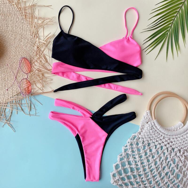 

Two Tone Wrap High Cut Bikini Swimsuit, Multicolor