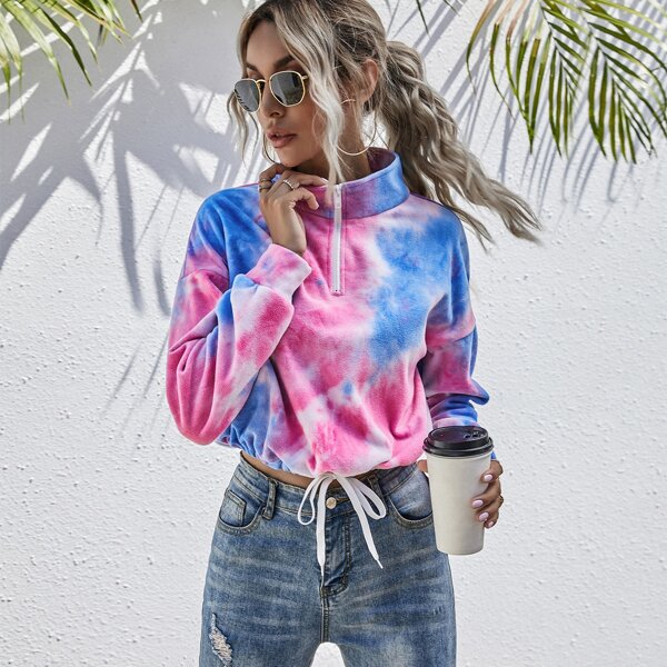 

Tie Dye Stand Collar Drawstring Hem Sweatshirt, Multicolor
