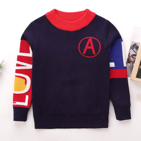 

Toddler Boys Colorblock Letter Graphic Sweater, Navy blue