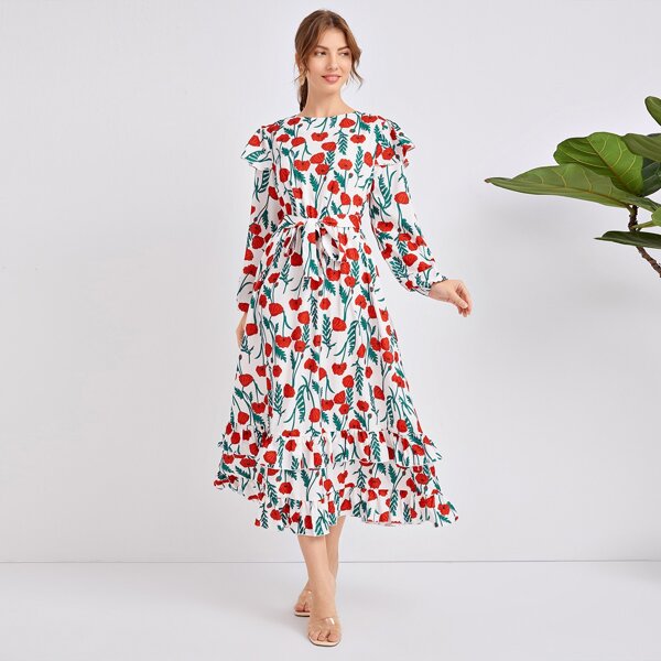 

Floral Print Ruffle Detail Belted Dress, Multicolor
