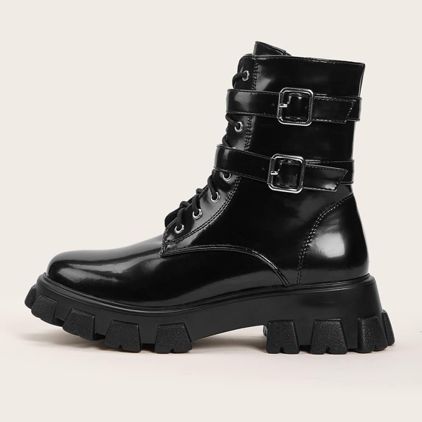 

Buckle Decor Lace-up Front Combat Boots, Black