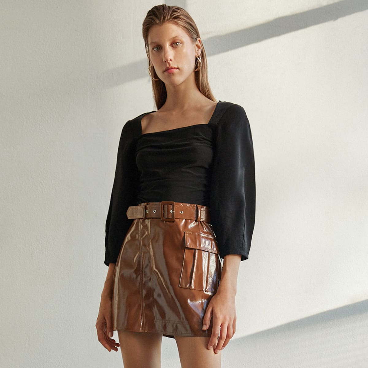 

Square Neck Ruched Top, Black