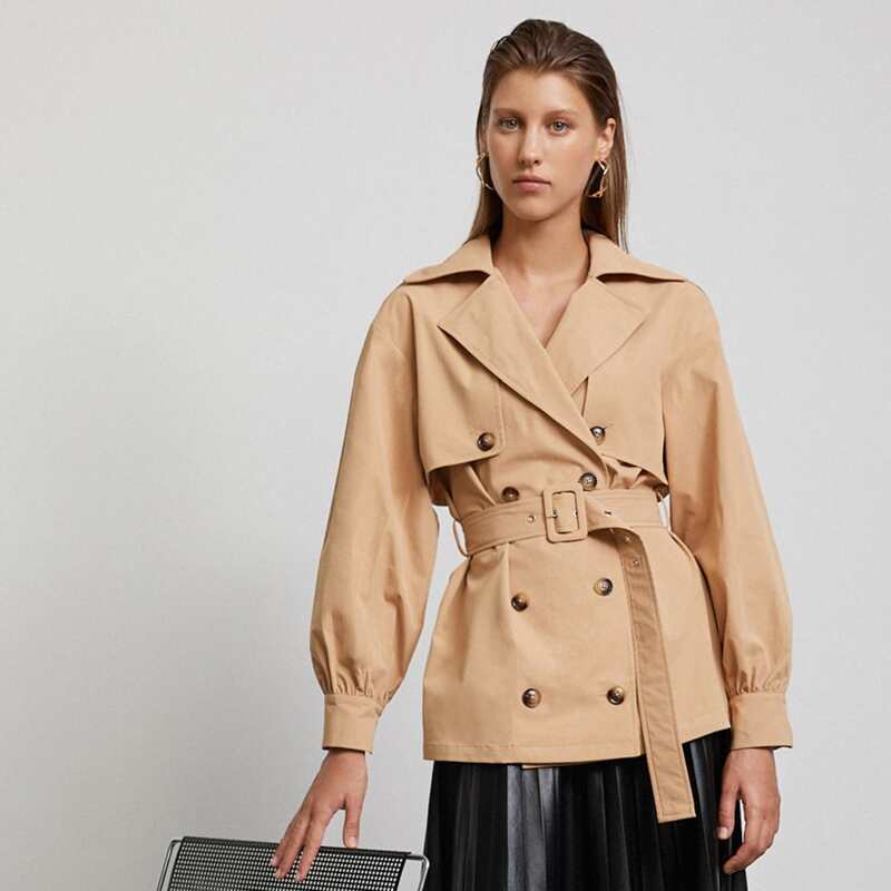 

Double Breasted Layered Belted Trench Coat, Khaki