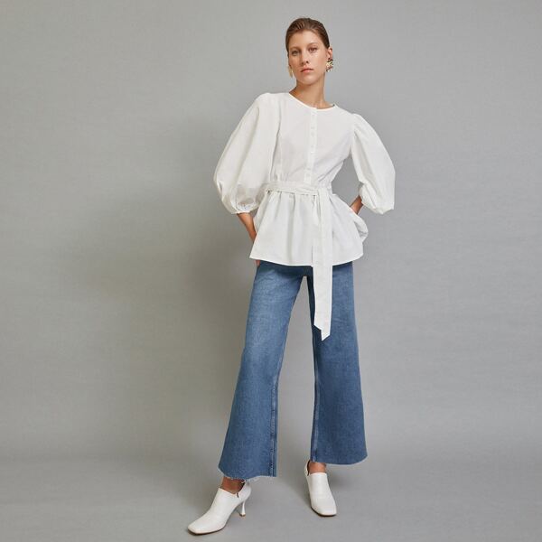 

Button Half Placket Lantern Sleeve Self Belted Peplum Top, White