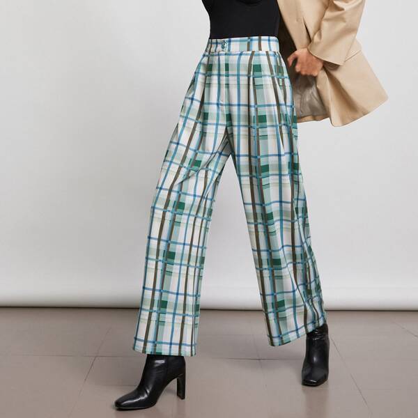 

Fold Pleat Detail Plaid Pants, Multicolor