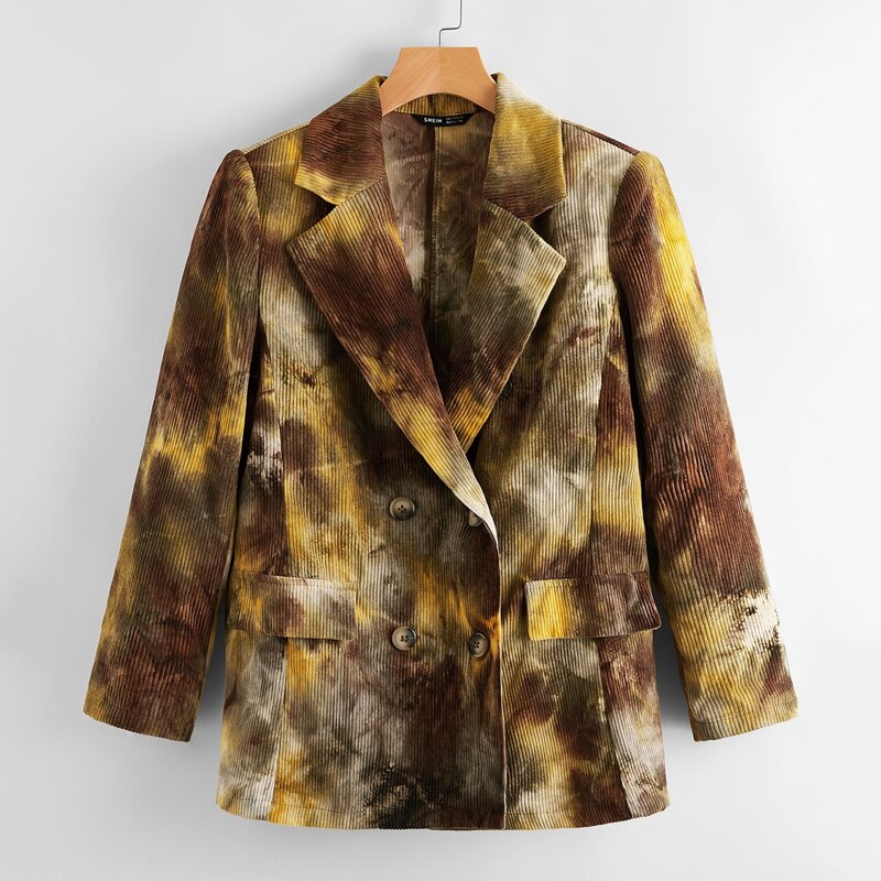 

Notched Collar Double Breasted Tie Dye Cord Blazer, Multicolor