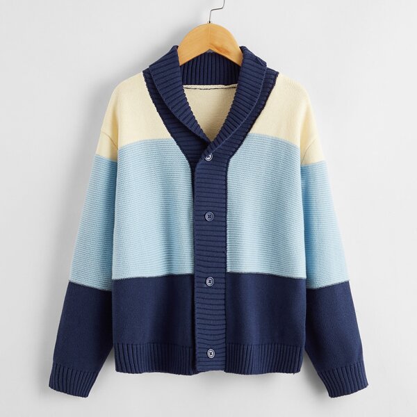 

Boys Shawl Collar Colorblock Cardigan, Multicolor