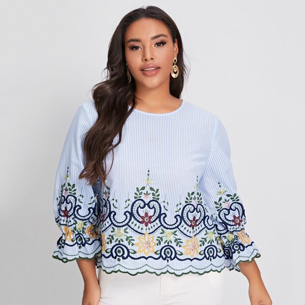 

Plus Floral Embroidered Scallop Edge Striped Top, Blue and white