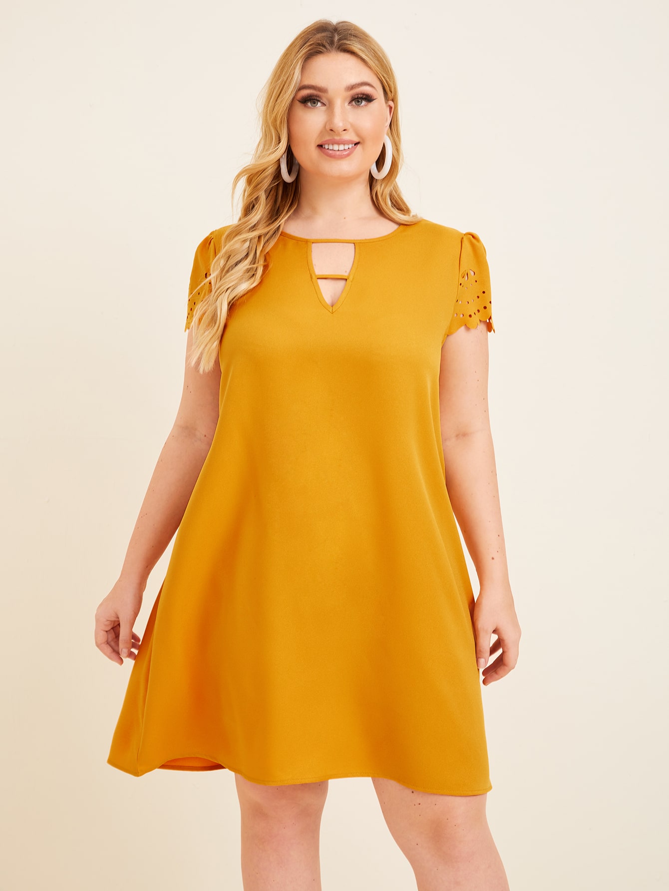 Plus Cutout Front Scallop Edge Laser Cut Sleeve Dress thumbnail