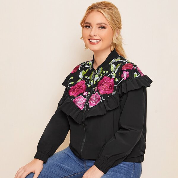 

Plus Floral Embroidered Ruffle Trim Bomber Jacket, Black