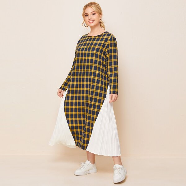 

Plus Contrast Pleated Panel Tartan Dress, Multicolor