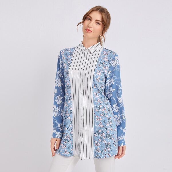 

Floral Print Striped Blouse, Blue and white