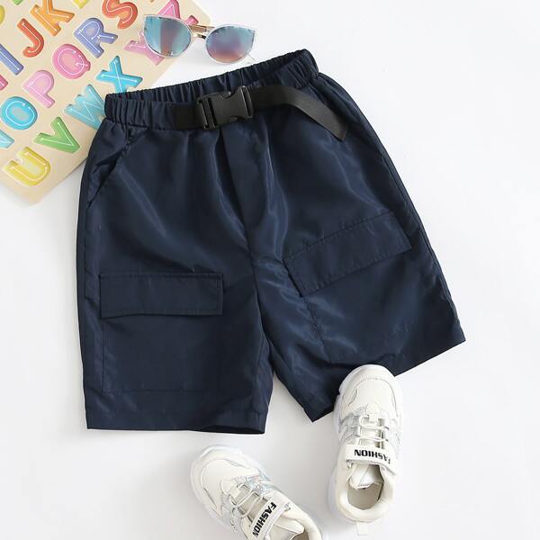 

Boys Flap Pocket Front Push Buckle Belted Wind Shorts, Navy blue