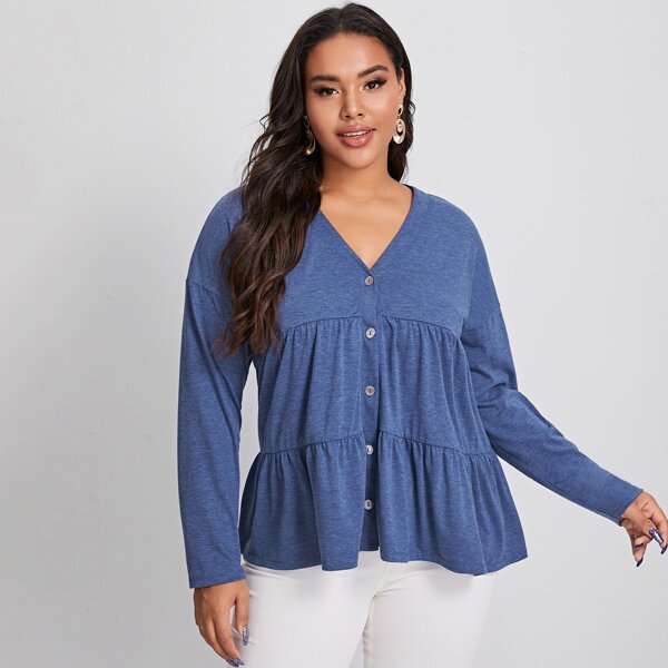 

Plus Button Up Smock Top, Blue