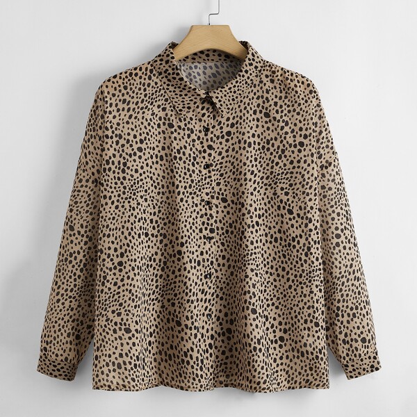 

Plus Allover Print Button Up Blouse, Khaki