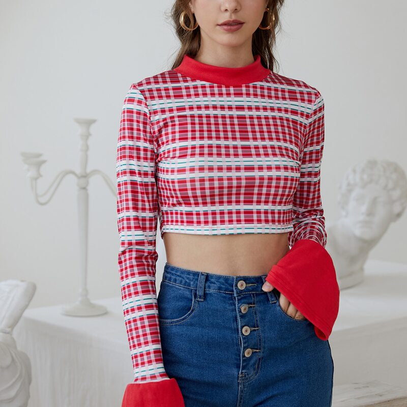 

Plaid Ruffle Cuff Crop Tee, Multicolor