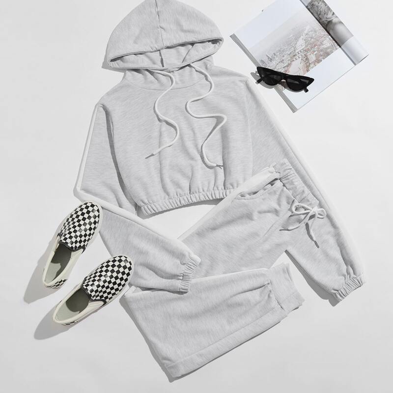 

Contrast Tape Hoodie & Drawstring Pants, Light grey