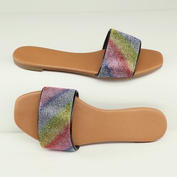 

Rainbow Rhinestone Faux Leather Sandals, Multicolor