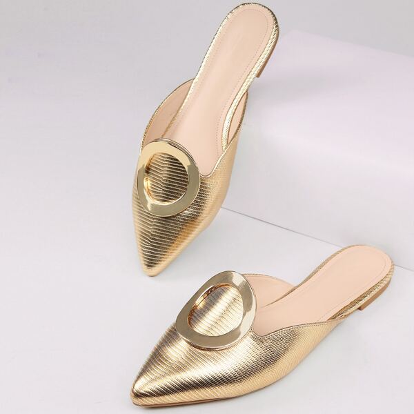 

Metallic Gold Lizardskin O-Ring Buckle Mules