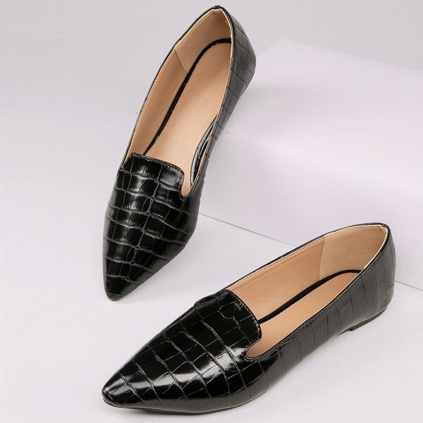 

Faux Croc Leather Notched Ballerina Flats, Black