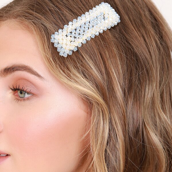 

Iridescent Beaded Square Hair Clip, White