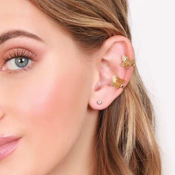 

3pairs Butterfly Ear Cuffs And Stud Earrings Set, Gold
