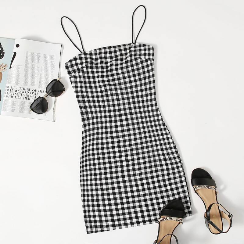 

Gingham Print Bodycon Dress, Black and white